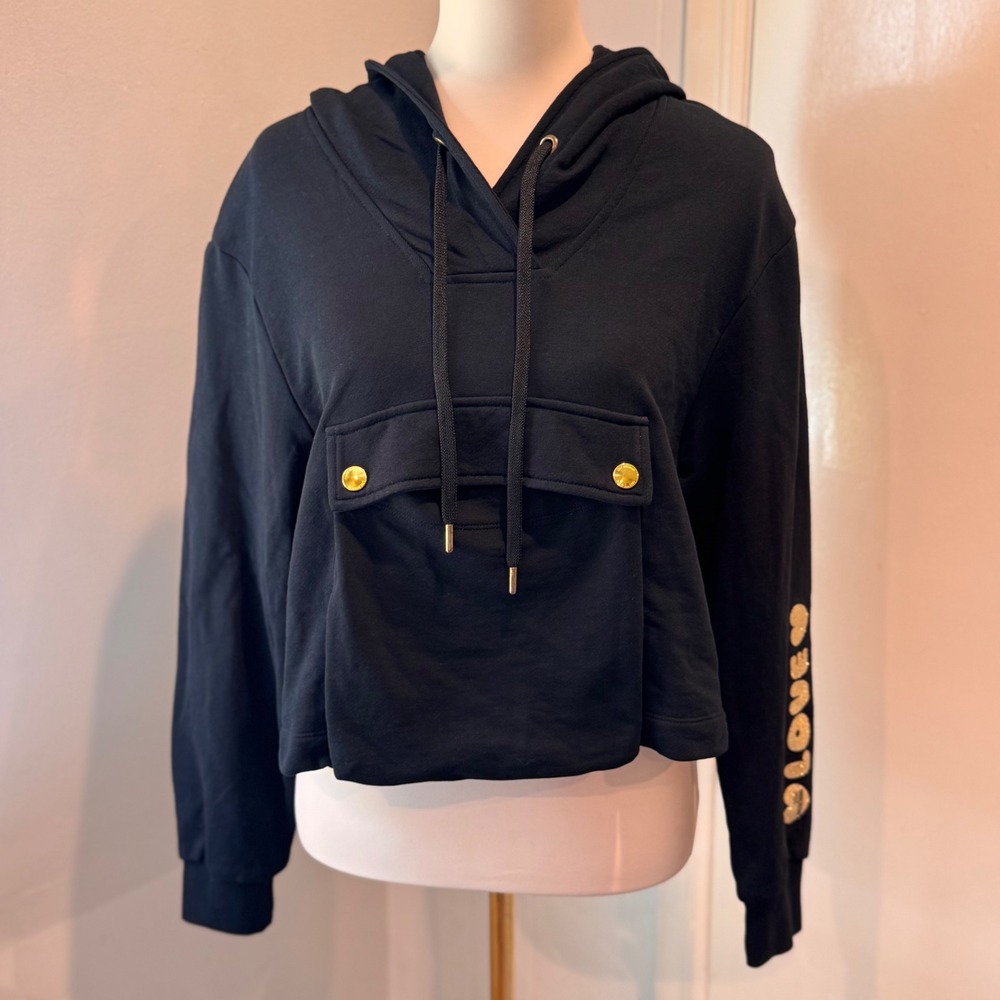 Love Moschino Black Cropped Hoodie Gold Heart Logo &Hardware | Size US 2